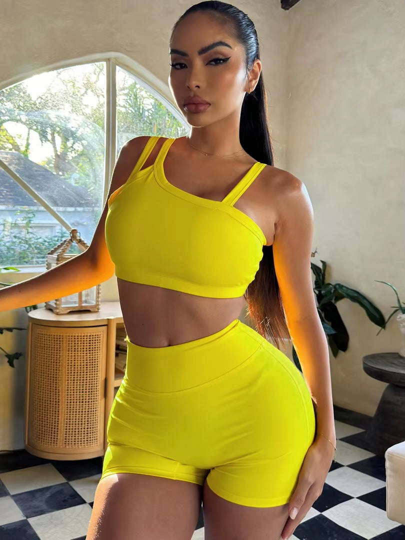 Summer Fashion 2 Pcs Sets Solid Straps Backless Sexy Crop Tank Top Draped Shorts Slim Women Clothes Vacation Work Out
