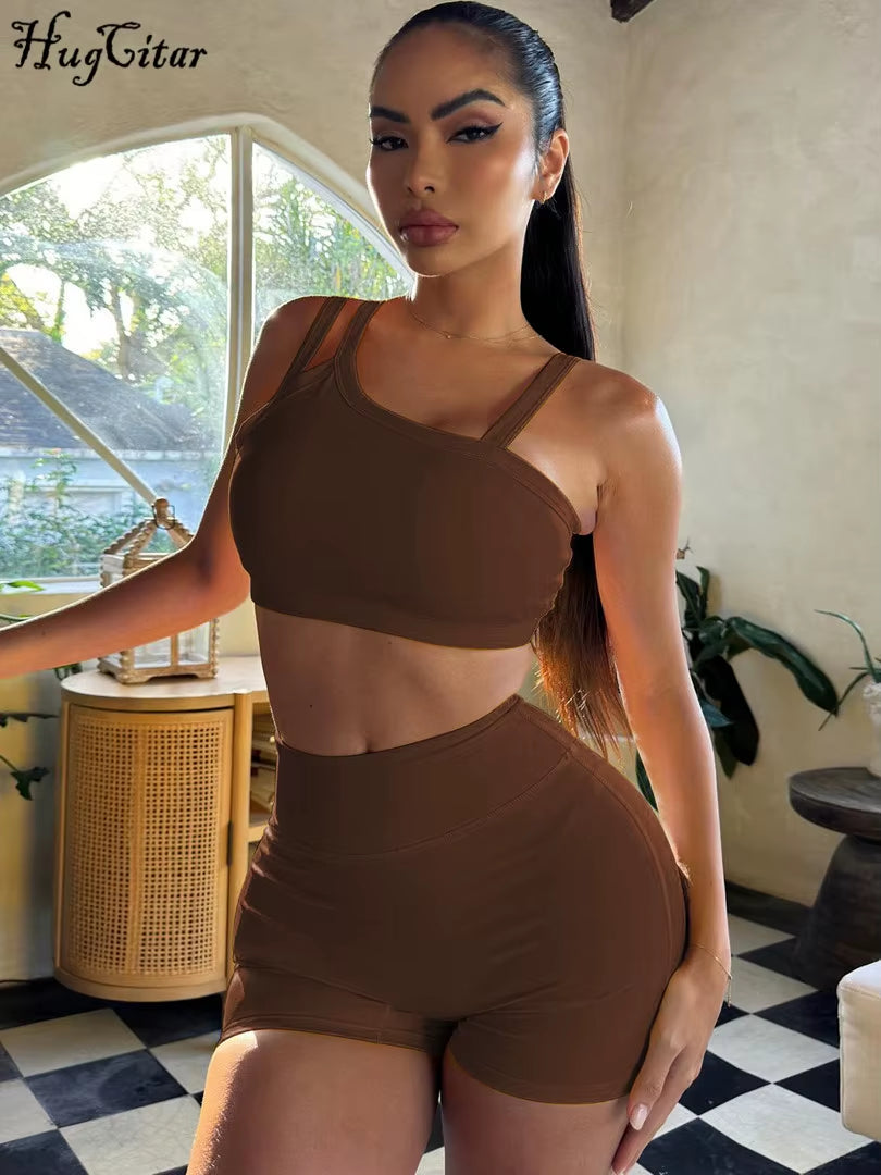 Summer Fashion 2 Pcs Sets Solid Straps Backless Sexy Crop Tank Top Draped Shorts Slim Women Clothes Vacation Work Out