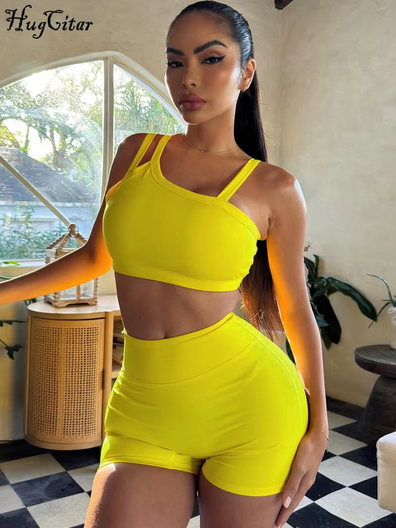 Summer Fashion 2 Pcs Sets Solid Straps Backless Sexy Crop Tank Top Draped Shorts Slim Women Clothes Vacation Work Out