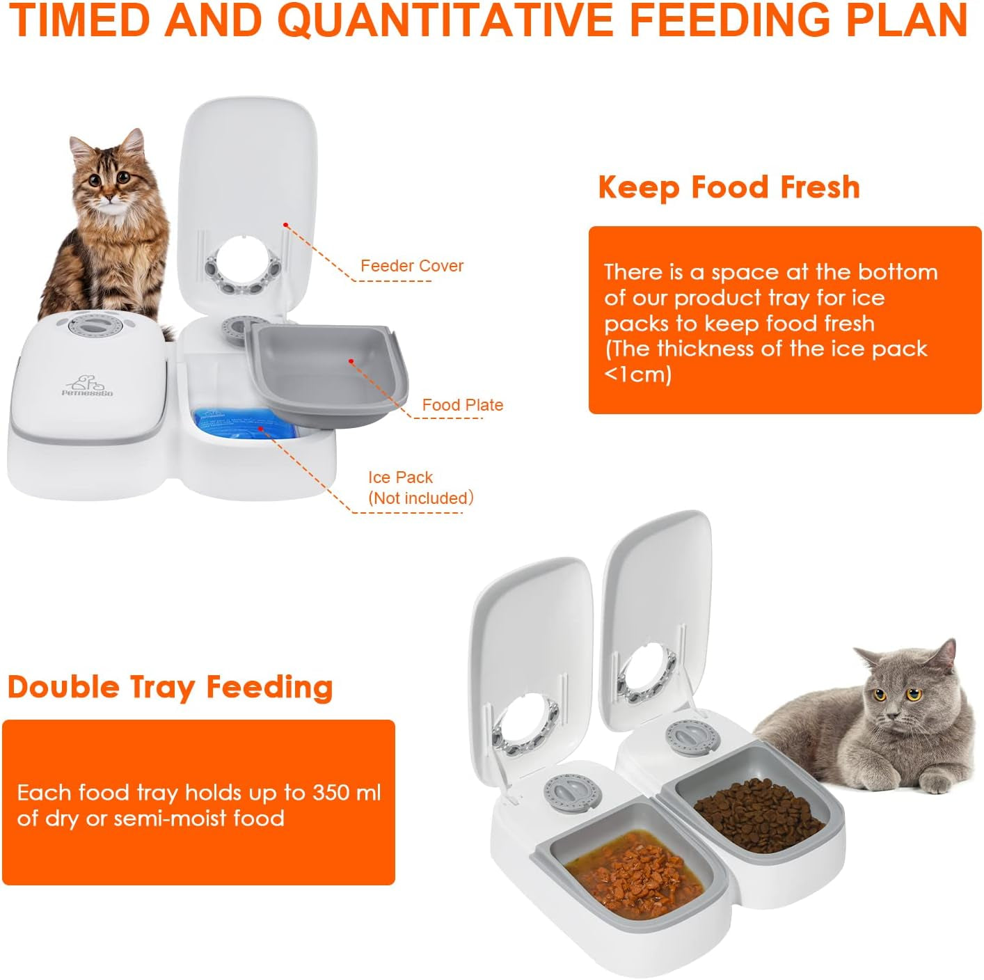 Automatic 2 Meals Cat Feeder, Pet Feeder with Timer, Timed and Portion Control for Dry or Semi-Moist Food, Food Dispenser for Cat and Dog, 48-Hour Timed (2 Meals Cat Feeder)