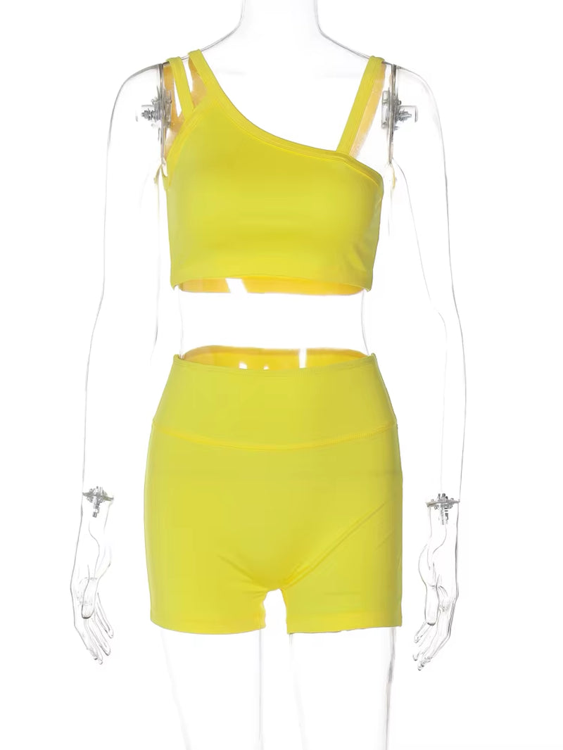Summer Fashion 2 Pcs Sets Solid Straps Backless Sexy Crop Tank Top Draped Shorts Slim Women Clothes Vacation Work Out