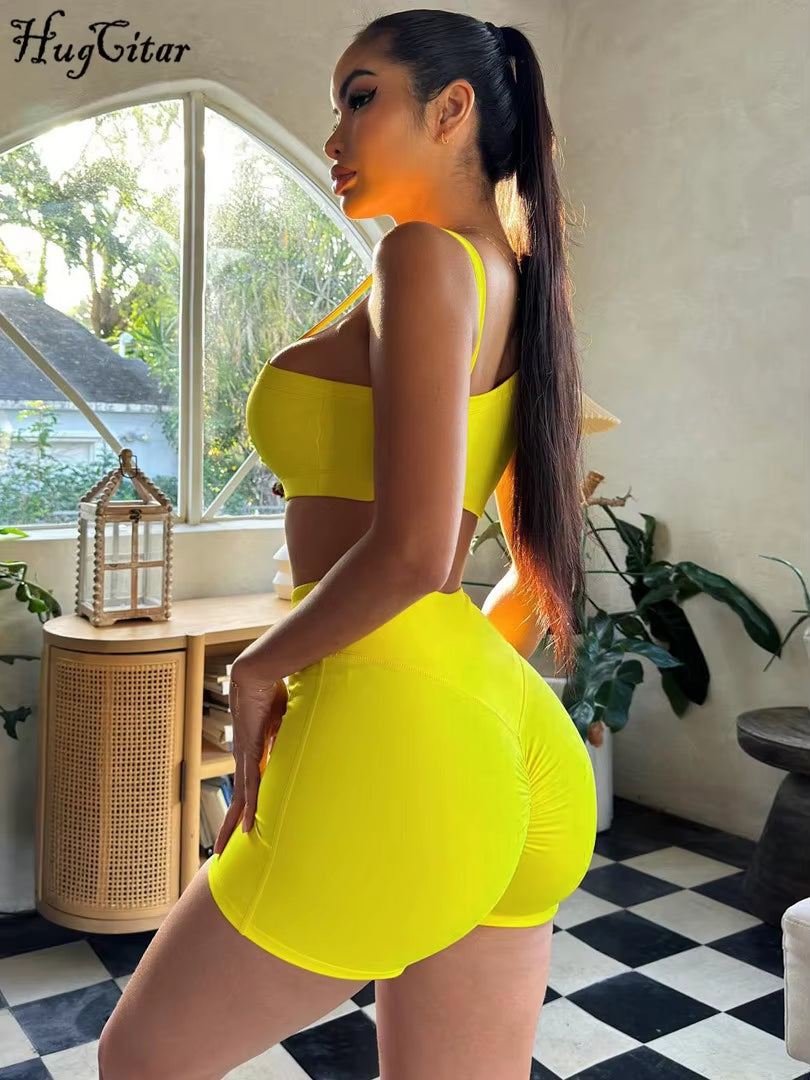 Summer Fashion 2 Pcs Sets Solid Straps Backless Sexy Crop Tank Top Draped Shorts Slim Women Clothes Vacation Work Out