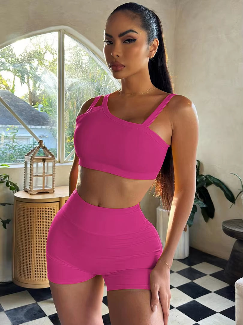 Summer Fashion 2 Pcs Sets Solid Straps Backless Sexy Crop Tank Top Draped Shorts Slim Women Clothes Vacation Work Out