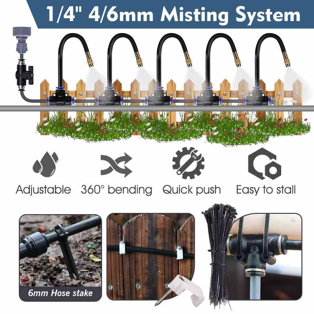30-5M 1/4" 4/6Mm Misting Cooling System 360° Free-Bend Adjustable Nozzle Atomizer Sprayer for Outdoor Garden Irrigation Watering