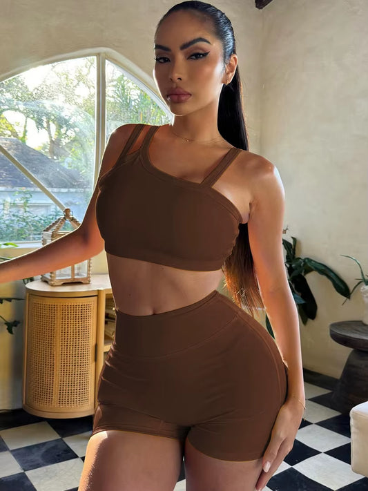 Summer Fashion 2 Pcs Sets Solid Straps Backless Sexy Crop Tank Top Draped Shorts Slim Women Clothes Vacation Work Out